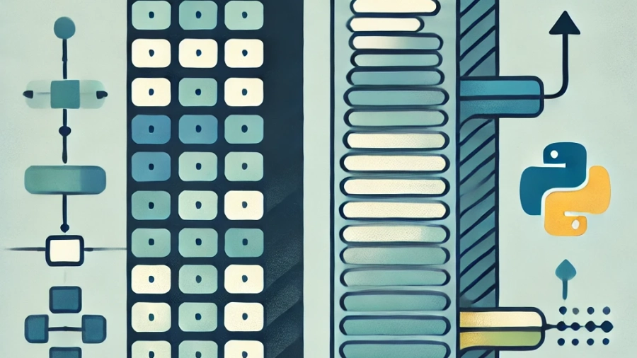 DALL·E 2024-09-30 14.21.06 - An abstract, clean, and modern representation of stacks and queues in Python. The image should feature a split design_ one side illustrating a stack w