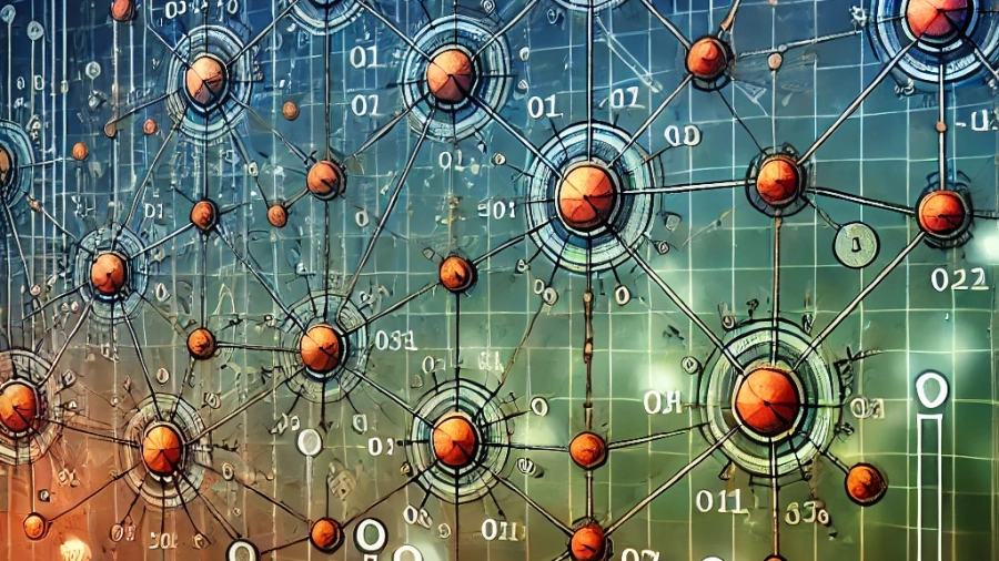 DALL·E 2024-10-01 09.45.46 - A feature image depicting a graph data structure concept. The image should have interconnected nodes (vertices) represented as circles, with edges (li