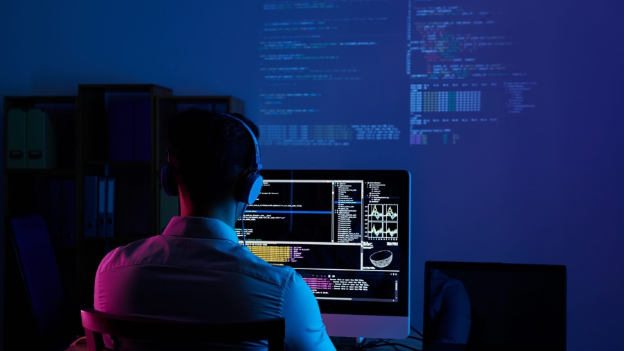 Developer working on code late at night, view from the back